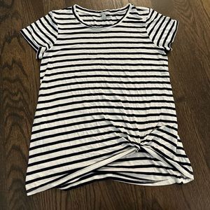 Flowy navy and white stripe shirt could dress up or down very comfortable.